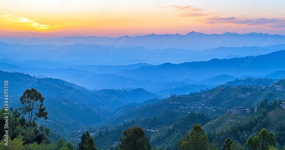 Obraz premium The Himalayas present a stunning panoramic view, with snow-capped peaks towering through the clouds, showcasing their grandeur and majesty