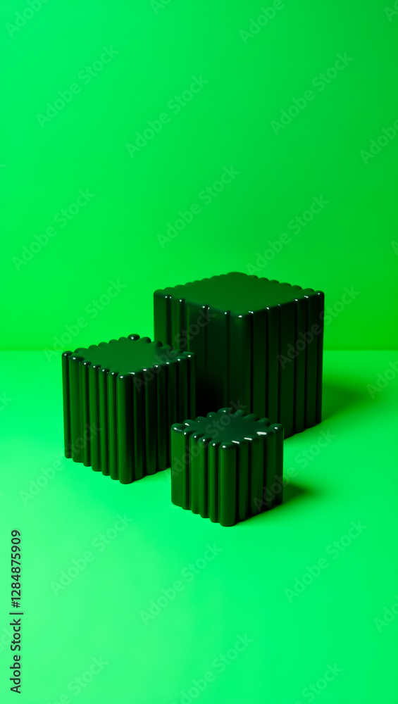 three dark-green ribbed cubic platforms against a bright-green backdrop three dark-green ribbed cubic platforms against a bright-green backdrop