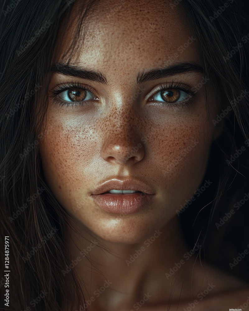 Fototapeta premium A portrait of a young woman, aged 20-30, featuring sun-tanned skin, deep brown eyes, long straight dark brown hair, a mysterious expression, natural beauty, minimal makeup, and a blurred background