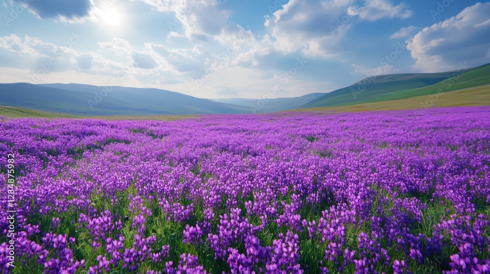 Fototapeta premium Sunny purple wildflowers, rolling hills, scenic landscape