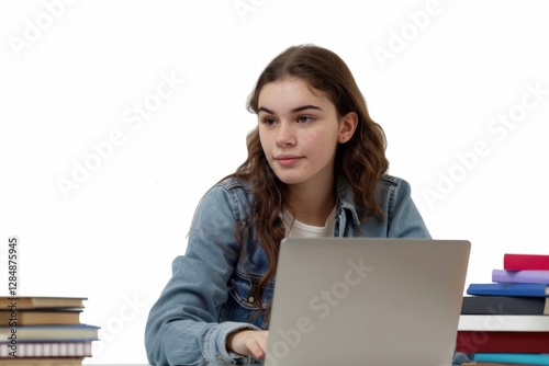 A tutor sitting at home, giving an online lesson with her laptop, the simplicity of the white background highlighting her focus. photo