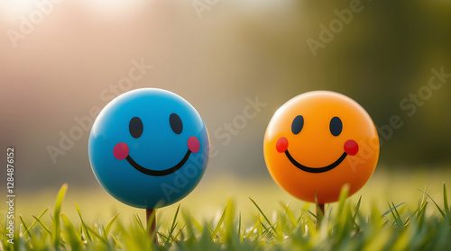 two spherical objects resembling smiley faces, positioned side by side on a grassy surface in an outdoor setting