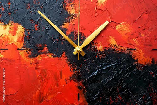 Modern abstract wall clock with golden hands set against a vibrant red background