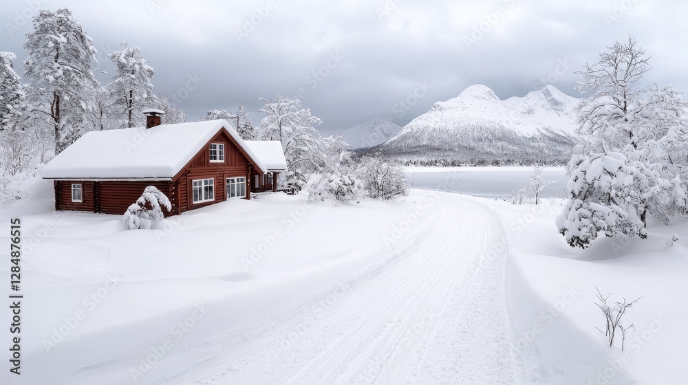 Naklejka premium Snowy road leads to red cabin, mountains backdrop; winter wonderland postcard