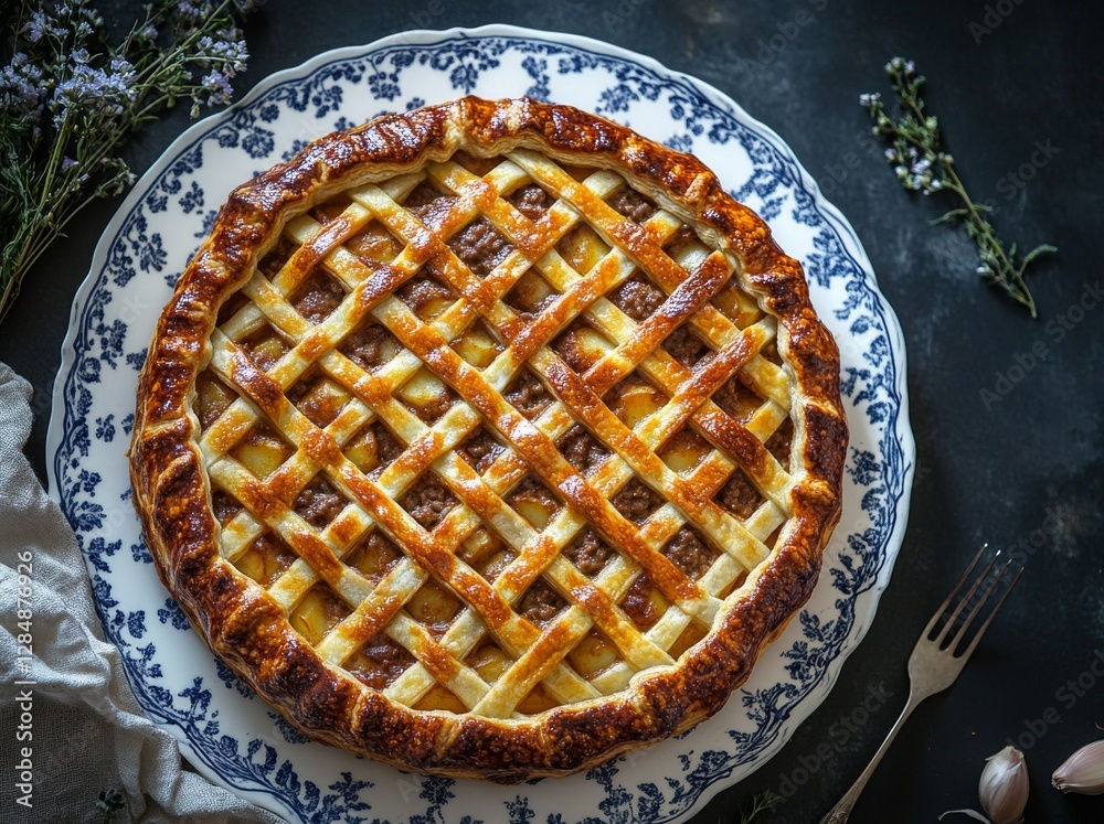 A photograph of a Greek-style open-faced pie with spiced minced meat and potatoes, placed on a blue and white plate A photograph of a Greek-style open-faced pie with spiced minced meat and potatoes, placed on a blue and white plate