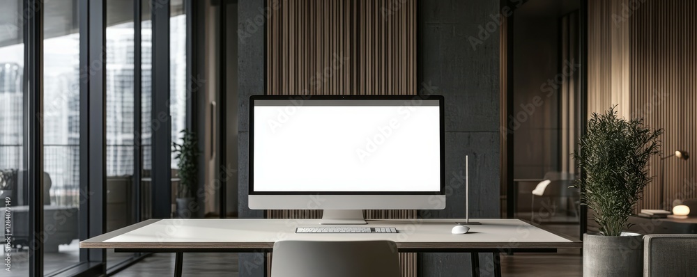 Fototapeta premium Modern office interior with blank computer screen and large windows overlooking city