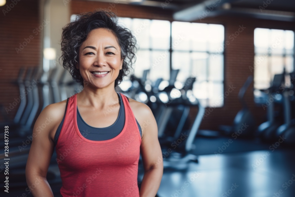 Smiling portrait of a middle aged slightly overweight woman in gym Smiling portrait of a middle aged slightly overweight woman in gym