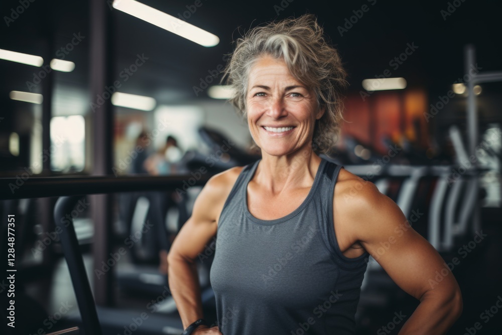Fototapeta premium Smiling portrait of a middle aged slightly overweight woman in gym