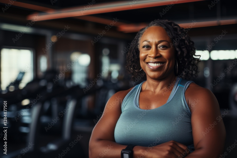Smiling portrait of a middle aged slightly overweight woman in gym Smiling portrait of a middle aged slightly overweight woman in gym