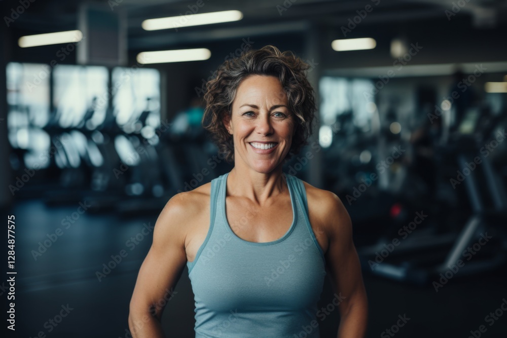 Smiling portrait of a middle aged slightly overweight woman in gym Smiling portrait of a middle aged slightly overweight woman in gym