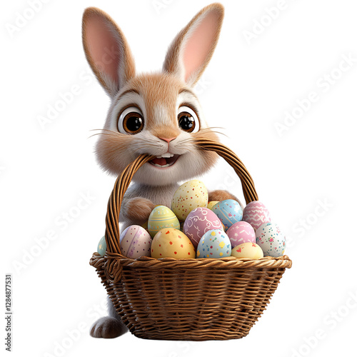 A Jolly 3D Cartoon Rabbit with Basket Full of Easter Eggs Isolated on Transparent Background