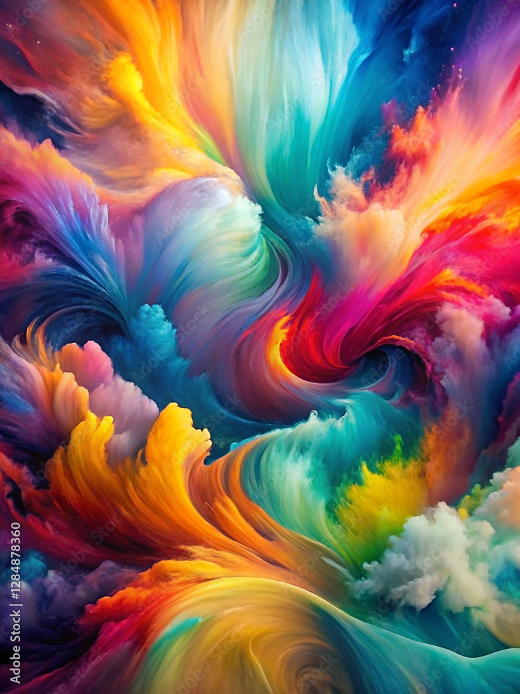 Abstract swirling vibrant colors, paint texture, dynamic motion, colorful clouds, fantasy art.