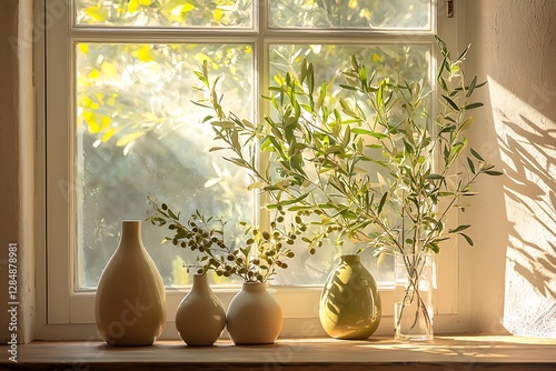 Modern display of vases with olive branches bathed in sunlight near a window