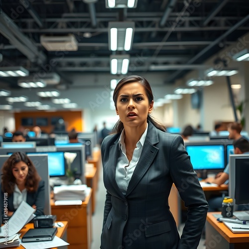 Líder hispana del equipo femenino que está regañando a la gente en la oficina. photo