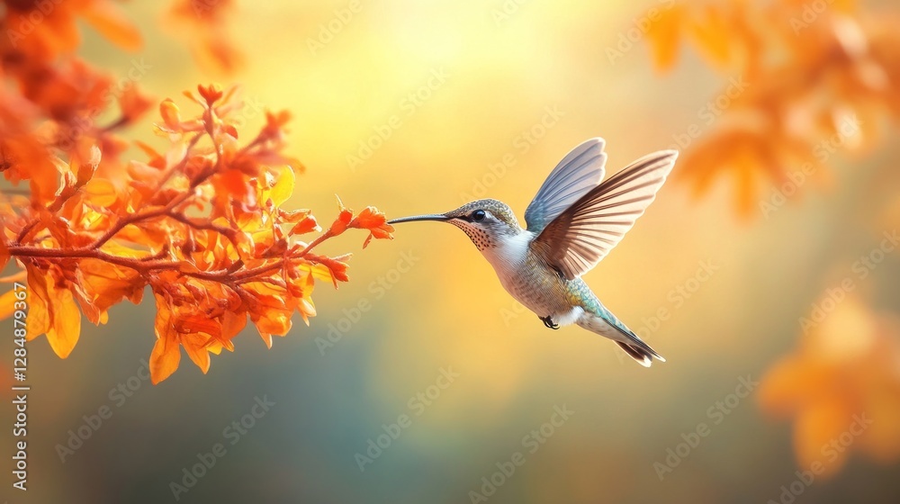 Fototapeta premium Autumn hummingbird feeding on flower in garden