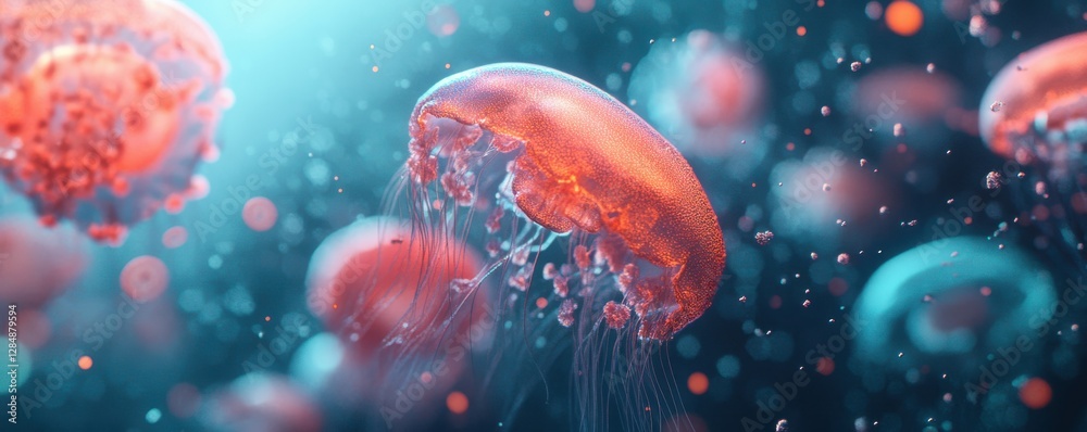 Vibrant orange jellyfish gliding underwater surrounded by bubbles in deep blue sea