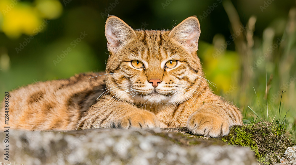 Golden cat resting on rock, nature background, pet portrait Golden cat resting on rock, nature background, pet portrait