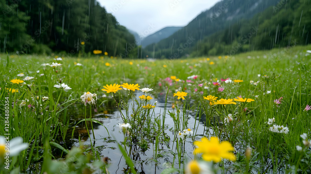 Rain on wildflowers, mountain valley, nature Rain on wildflowers, mountain valley, nature