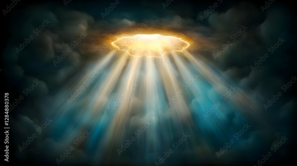 Fototapeta premium Heavenly light beams through clouds, hope, faith