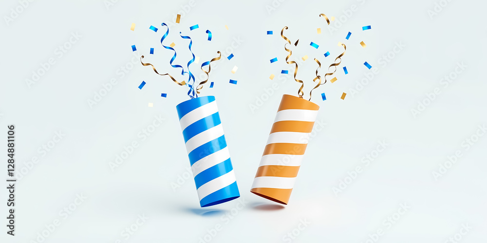 two vibrant party poppers exploding with golden and blue confetti