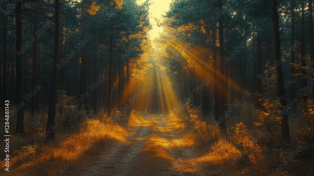 Sunbeams pierce misty forest path, nature Sunbeams pierce misty forest path, nature