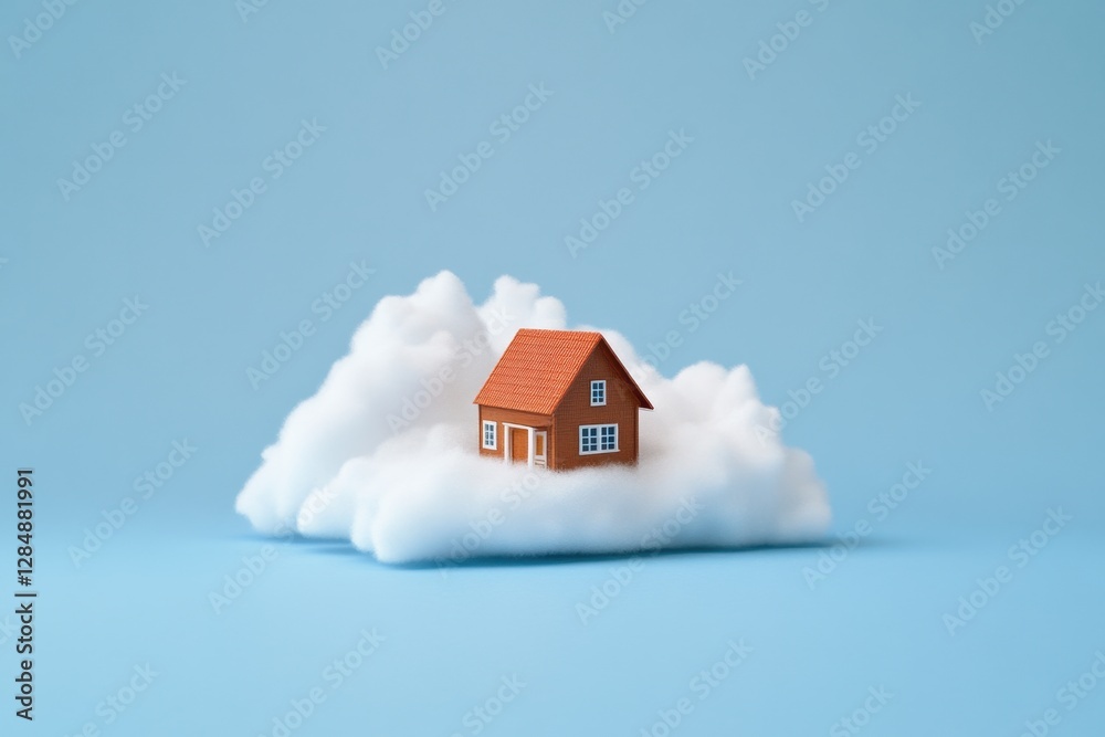 A Small Toy House Floats on a Fluffy Cotton Cloud A Small Toy House Floats on a Fluffy Cotton Cloud
