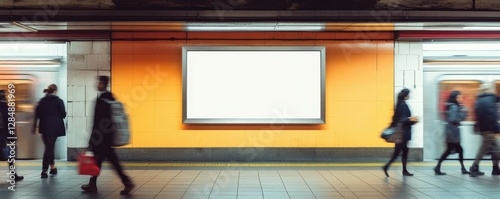Busy subway station with blurred commuters walking by blank orange billboard