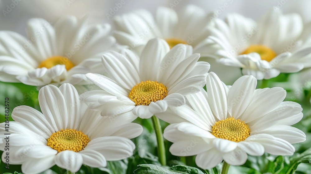 Close up of Several White Daisies with Yellow Centers in Full Bloom a Beautiful Floral Arrangement Close up of Several White Daisies with Yellow Centers in Full Bloom a Beautiful Floral Arrangement