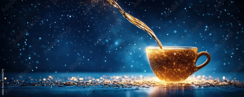 Fototapeta premium Sparkling beverage pouring into glowing cup amidst starry night backdrop