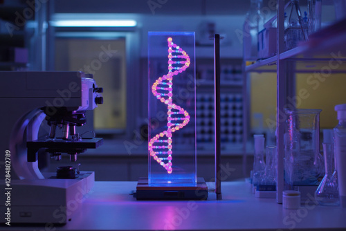 Innovative DNA helix model illuminated in a futuristic laboratory setting, showcasing advancements in genetic research and biotechnology under neon purple and blue lighting.