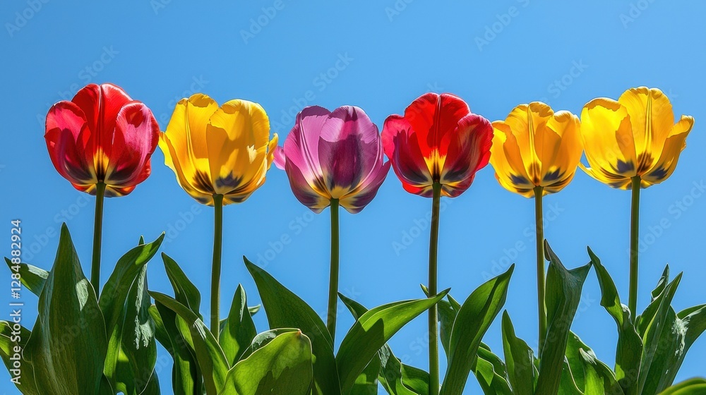 Fototapeta premium Vibrant Colorful Tulips Blooming in Spring Sunny Day Bright Flowers Nature