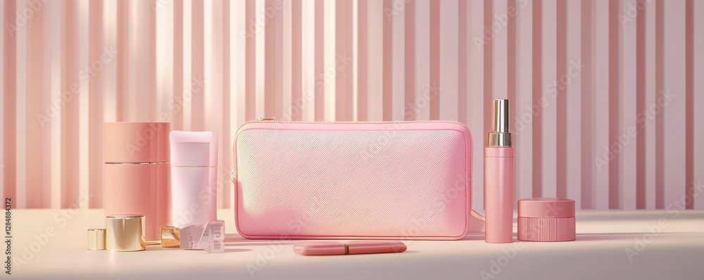 Elegant pink beauty products on table with vertical striped background