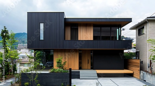 Luxury minimalist cubic house with wooden cladding, black panel walls, and landscaping designed to complement the home.