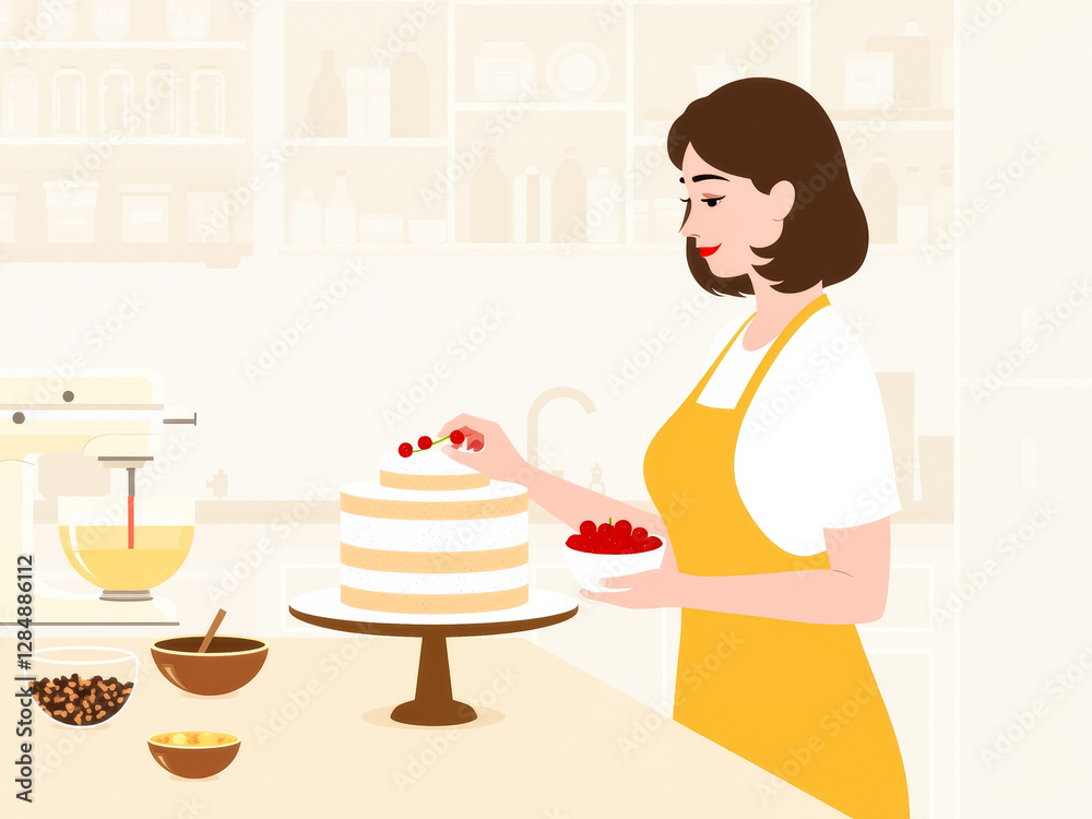 woman in yellow apron decorating a layered cake with cherries in a kitchen setting woman in yellow apron decorating a layered cake with cherries in a kitchen setting