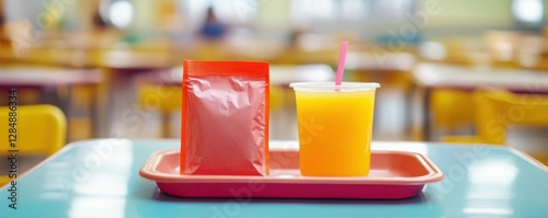 Wallpaper Mural School cafeteria tray with orange drink and snack packet on table Torontodigital.ca