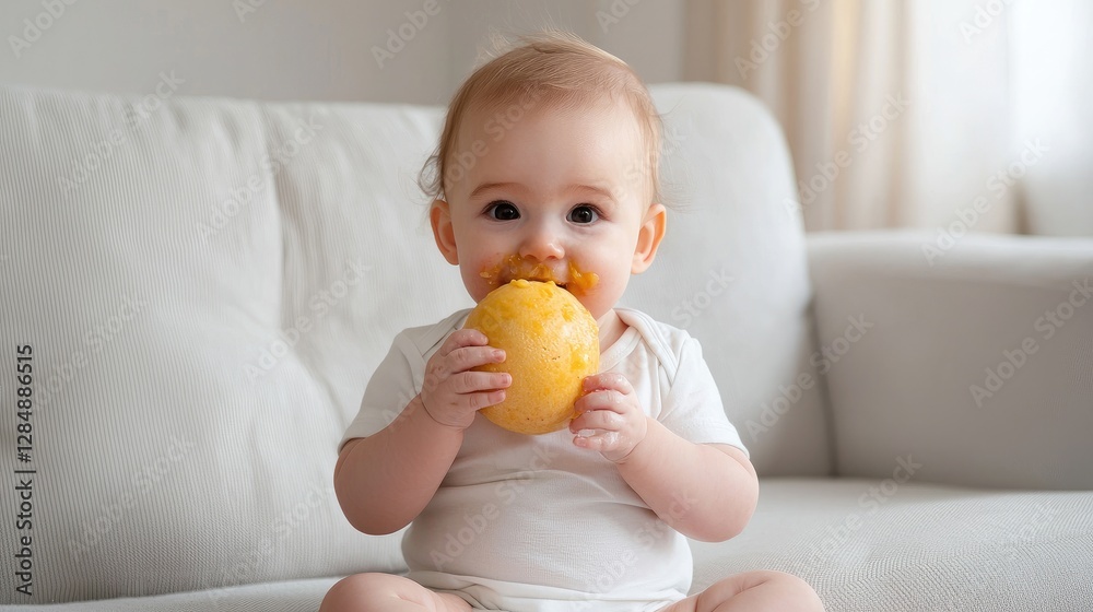 Baby eating fruit, indoor, happy, learning to eat, healthy, family, possible use in infant nutrition or parenting resources Baby eating fruit, indoor, happy, learning to eat, healthy, family, possible use in infant nutrition or parenting resources