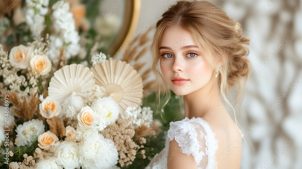 Naklejka premium Beautiful Bridal Portrait with Floral Bouquet and Updo