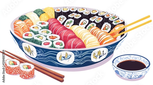 Colorful Sushi Platter in Decorative Bowl photo