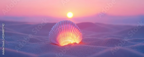 Sunset glow on seaside shell on sandy beach with soft sunset hues