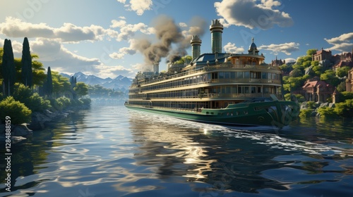 A ferry boat transporting passengers across a river