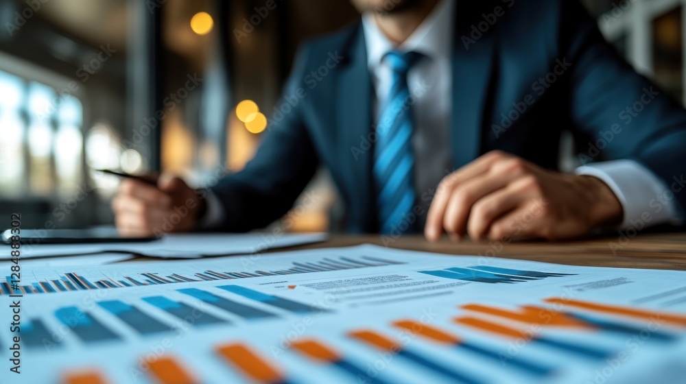 Businessman reviewing charts, cafe background, financial analysis Businessman reviewing charts, cafe background, financial analysis