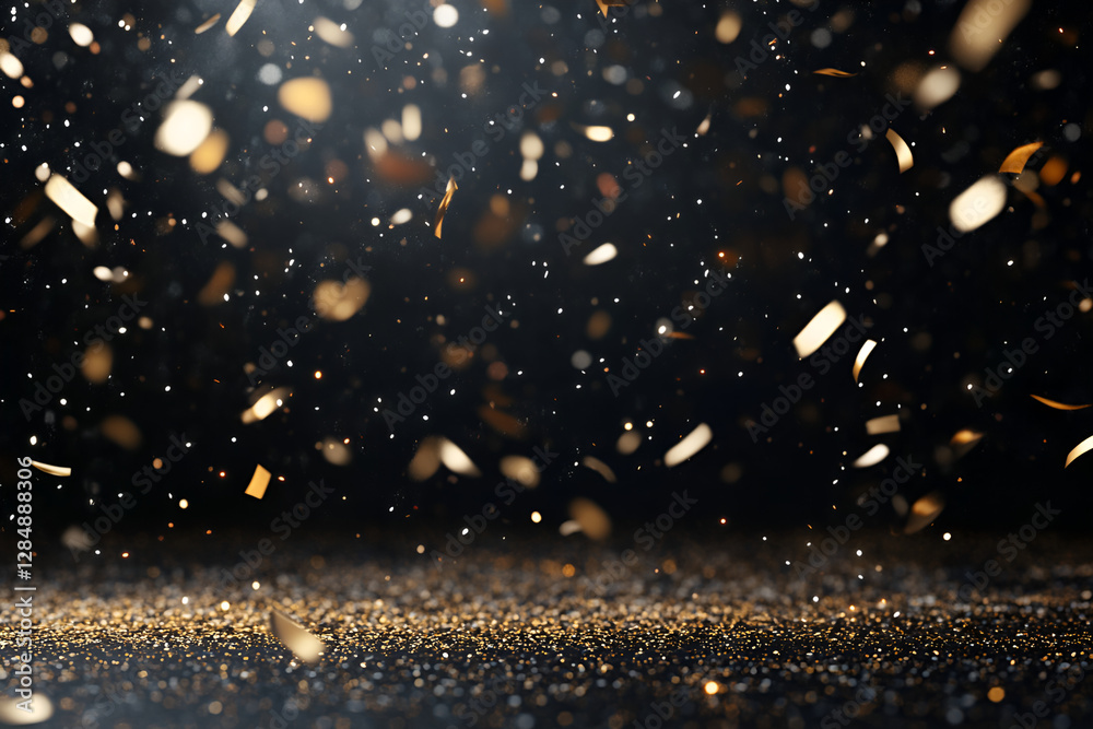 Naklejka premium Festive shiny gold confetti in the air, party background, template