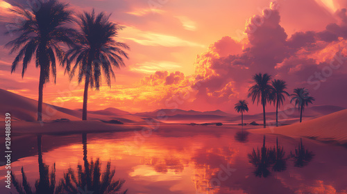 otherworldly desert lush palm trees oasis