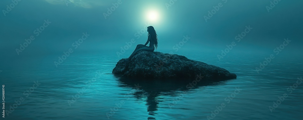 Obraz premium Solitary woman silhouette at dusk on rock surrounded by calm water with mysterious blue sky