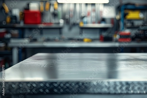 Metal blank table top with blurred automotive tools