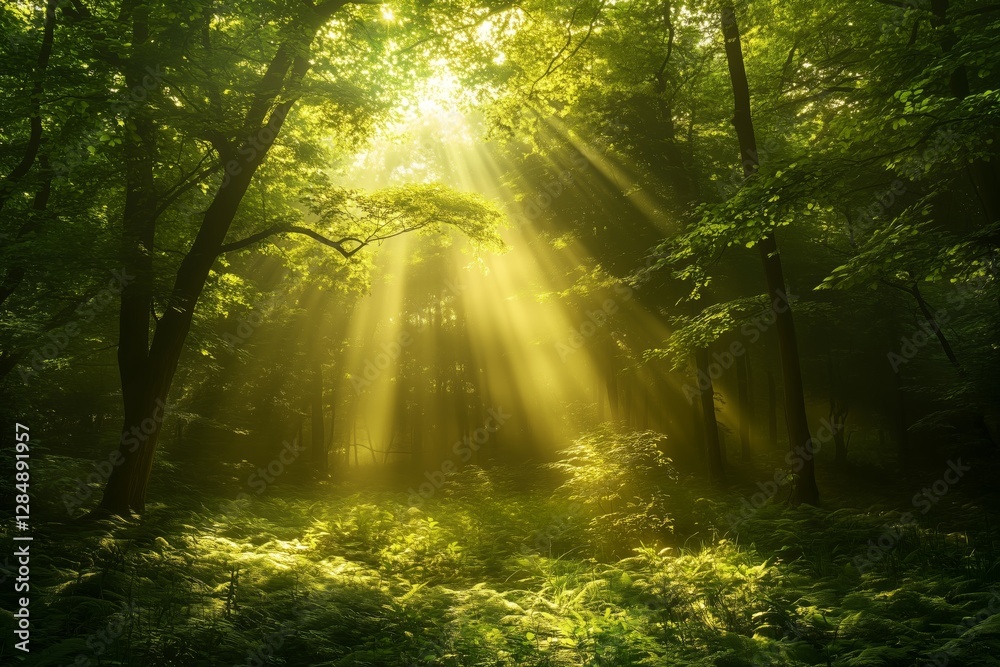 Fototapeta premium Mystische Lichtstrahlen in dichtem Wald voller Grün