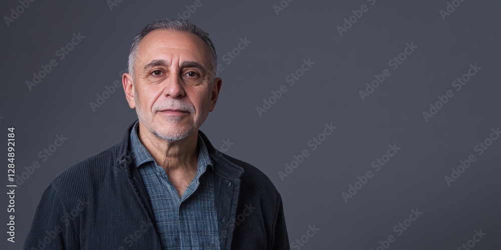 Obraz premium Confident Middle-Aged Man in Casual Attire Against a Neutral Background