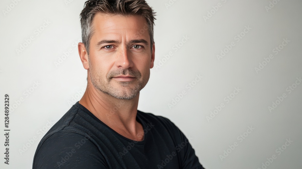 Obraz premium Confident Middle-Aged Man in Casual Black T-Shirt Against Neutral Background