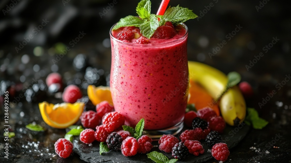 Delicious berry smoothie surrounded by fresh fruit on a dark surface Delicious berry smoothie surrounded by fresh fruit on a dark surface