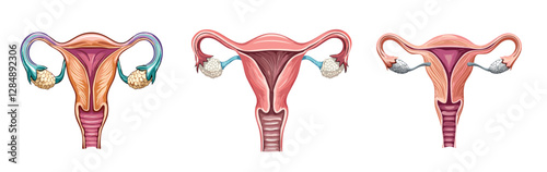 Human organ, woman organ uterus, and ovaries, medical human anatomy diagram vector, illustration. vector. 人體器官， 女性器官，生殖器官，子宮，卵巢， Reproductive organs